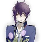  1boy blue_jacket blue_necktie collared_shirt dance_with_devils flower highres holding holding_flower jacket long_sleeves looking_at_viewer male_focus natsumezaka_shiki necktie purple_hair red_eyes shirt short_hair skunlv smile solo teeth tulip white_background white_shirt 