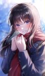  1girl absurdres bangs blue_background blue_coat blue_eyes blurry blurry_background blush brown_hair clenched_hand coat day highres long_hair looking_at_viewer open_mouth original outdoors red_scarf scarf sidelocks smile snow snowing solo standing sunlight teeth upper_body winter winter_clothes youwon0417 