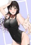  1girl amagami armpits black_one-piece_swimsuit blue_background blue_eyes border breasts brown_hair mori_heichi morishima_haruka one-piece_swimsuit outstretched_arm reaching_towards_viewer signature smile solo swimsuit thighs white_border wiping_face 