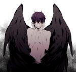  1boy absurdres black_background black_hair black_wings blush brown_eyes closed_mouth completely_nude dance_with_devils fallen_angel head_rest highres male_focus multicolored_background natsumezaka_shiki nude short_hair skunlv smile solo white_background wings 