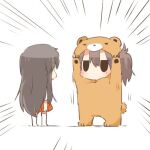  2girls akagi_(kancolle) animal_costume animal_ears arms_at_sides arms_up bangs bear_costume bear_ears black_eyes black_hair chibi commentary_request kaga_(kancolle) kantai_collection long_hair lowres motion_lines multiple_girls no_mouth pleated_skirt rebecca_(keinelove) red_skirt side_ponytail sidelocks skirt socks white_background white_socks 