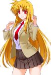  1girl alternate_costume black_skirt blazer blonde_hair closed_mouth collared_shirt cowboy_shot dress_shirt engo_(aquawatery) fate_testarossa jacket long_hair long_sleeves lyrical_nanoha mahou_shoujo_lyrical_nanoha_strikers miniskirt necktie open_clothes open_jacket pleated_skirt red_eyes red_necktie school_uniform shirt skirt smile solo standing straight_hair very_long_hair white_shirt wing_collar 