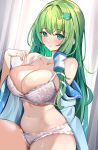  1girl absurdres bangs blush bra breasts cleavage closed_mouth commentary_request curtains detached_sleeves enishi96 frog_hair_ornament green_eyes green_hair hair_between_eyes hair_ornament hair_tubes highres kochiya_sanae large_breasts long_hair looking_at_viewer navel panties smile snake_hair_ornament solo stomach touhou underwear white_bra white_panties wide_sleeves 