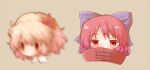  2girls aki_shizuha arinu bangs blonde_hair blue_bow blush bow brown_background cape commentary_request hair_between_eyes hair_bow hair_ornament leaf_hair_ornament multiple_girls portrait red_cape red_eyes red_hair sekibanki short_hair simple_background touhou 