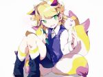  1boy black_footwear blonde_hair blue_vest boots child cucumber fang food fox_boy gem green_eyes hisaboden holding holding_food holding_vegetable kitsune kneehighs kyuubi_(youkai_watch) long_sleeves male_child multiple_tails open_mouth shirt short_hair simple_background sitting skin_fang socks solo tail vegetable vest white_background white_shirt youkai_watch 