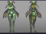 1girl ander_horlo antennae arms_at_sides arthropod_girl black_sclera blonde_hair breasts carapace colored_sclera colored_skin commentary_request commission from_behind full_body gradient_hair green_hair green_skin grey_background insect_wings large_breasts letterboxed long_tongue looking_at_viewer monster_girl multicolored_hair orange_eyes original solo tongue tongue_out two-tone_hair wings 