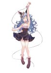  1girl absurdres animal_ears arm_up black_skirt blue_hair boots brown_footwear cable commentary erune ferry_(granblue_fantasy) flower flower_wreath full_body granblue_fantasy hair_flower hair_ornament high-waist_skirt highres holding holding_microphone leon_v long_hair looking_at_viewer microphone open_mouth revision shirt simple_background sketch skirt sleeveless sleeveless_shirt smile solo symbol-only_commentary wavy_hair white_background wreath yellow_eyes 