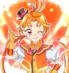  1boy ;q bangs brooch commentary cure_nico cure_wing earrings english_commentary gloves hat highres hirogaru_sky!_precure jewelry long_hair magical_boy male_focus mini_hat mini_top_hat one_eye_closed orange_gloves orange_hair otoko_no_ko parted_bangs ponytail precure puffy_sleeves red_eyes solo tongue tongue_out top_hat very_long_hair wing_brooch wing_hair_ornament 