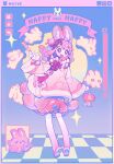  1girl 2023 chinese_clothes chinese_zodiac commentary dango flower_knot food full_body happy_new_year headband highres open_mouth original pink_eyes pink_hair pink_theme rabbit_girl renzhi00334233 smile solo symbol-only_commentary wagashi window_(computing) year_of_the_rabbit 