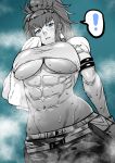  1girl abs absurdres akasa523 blue_eyes breasts crop_top earrings from_below highres jewelry large_breasts leona_heidern looking_at_viewer midriff monochrome muscular muscular_female pants ponytail solo spot_color standing sweat tank_top the_king_of_fighters the_king_of_fighters_xv towel underboob veins veiny_arms 