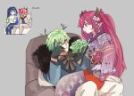  2boys 2girls antlers armchair bangs branch cabbage ceres_faun ceres_fauna chair cup detached_sleeves drinking_glass face_in_hands fongban_illust formal fur-trimmed_jacket fur_trim genderswap genderswap_(ftm) gloves green_hair grey_background highres hololive hololive_english host iryk_(hololive) irys_(hololive) jacket japanese_clothes kimono long_hair multiple_boys multiple_girls ouro_kronii short_hair sitting sitting_on_lap sitting_on_person suit virtual_youtuber 