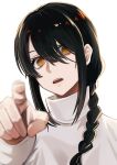  1girl absurdres bangs black_hair braid braided_ponytail chainsaw_man commentary_request hair_between_eyes highres kou_sakuma0 looking_at_viewer medium_hair nayuta_(chainsaw_man) pointing pointing_at_viewer ringed_eyes simple_background solo sweater white_background white_sweater yellow_eyes 
