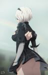  1girl artist_logo ass back_cutout black_blindfold black_dress black_hairband blindfold breasts cleavage_cutout clothing_cutout dress feather-trimmed_sleeves gloves hairband highres juliet_sleeves keihh long_sleeves medium_breasts nier_(series) nier_automata puffy_sleeves short_dress short_hair solo standing two-sided_dress two-sided_fabric upskirt white_hair yorha_no._2_type_b 