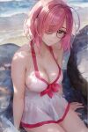  1girl bow breasts cleavage closed_mouth dress dress_swimsuit english_commentary fate/grand_order fate_(series) glasses hair_over_one_eye highres large_breasts looking_at_viewer mash_kyrielight mash_kyrielight_(swimsuit_of_perpetual_summer) ocean one-piece_swimsuit pink_bow pink_hair purple_eyes ryan_tien shore short_hair sitting_on_rock solo swimsuit white_dress white_one-piece_swimsuit 
