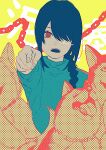  1girl blue_hair blue_sweater braid braided_ponytail chain chainsaw_man hair_over_one_eye halftone highres husky looking_at_viewer medium_hair meltykiss0316 nayuta_(chainsaw_man) open_mouth pointing pointing_at_viewer red_eyes ringed_eyes sweater tongue tongue_out twitter_username 