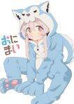 123nasub 1girl absurdres animal_costume animal_hands animal_hood bangs brown_eyes commentary copyright_name gloves grey_hair hair_between_eyes highres hood hood_up light_blush long_hair long_sleeves looking_at_viewer onii-chan_wa_oshimai! oyama_mahiro paw_gloves paw_shoes sidelocks simple_background sitting smile solo white_background wolf_costume zipper_pull_tab 