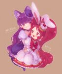  2girls :3 animal_ears arisugawa_himari blush bow cake_hair_ornament cat_ears cat_tail choker closed_mouth cure_macaron cure_whip dress earrings elbow_gloves extra_ears food-themed_hair_ornament gloves hair_ornament hug hug_from_behind jewelry kirakira_precure_a_la_mode koteko_(chop_of_toilet) long_hair looking_at_another macaron_hair_ornament magical_girl multiple_girls open_mouth pink_eyes pink_hair pom_pom_(clothes) pom_pom_earrings precure puffy_sleeves purple_choker purple_eyes purple_hair purple_tail rabbit_ears simple_background smile tail usami_ichika very_long_hair white_gloves 