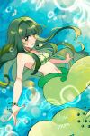  1girl bangs blunt_bangs bracelet commentary earrings green_eyes green_hair jewelry long_hair mermaid mermaid_melody_pichi_pichi_pitch midriff monica_cencerrado monster_girl navel necklace shell shell_bikini shell_earrings shell_necklace smile solo symbol-only_commentary touin_rina underwater 