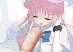  1girl adjusting_hair angel_wings black_scrunchie blue_archive cake capelet closed_eyes dress eating feathered_wings food hair_bun halo hato_haru holding holding_food low_wings mika_(blue_archive) pink_hair scrunchie sexually_suggestive single_side_bun solo swiss_roll white_capelet white_dress white_wings wings wrist_scrunchie 