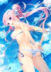  1girl akatsuki_yureru_koi_akari artist_request ass bead_bracelet beads bikini bikini_pull blue_sky bracelet breasts butt_crack clothes_pull cloud contrail day floating_hair hair_ribbon hair_rings highres horizon jewelry kazamine_setsugekka long_hair looking_at_viewer looking_back medium_breasts ocean open_mouth outdoors panties panty_pull pink_hair purple_eyes ribbon side-tie_bikini_bottom sideboob sky smile solo striped striped_bikini swimsuit teeth underwear undressing upper_teeth_only wet white_bikini 