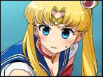  1girl bangs bishoujo_senshi_sailor_moon blonde_hair blue_eyes blue_sailor_collar blush breasts chinese_commentary choker cleavage commentary_request crescent crescent_earrings derivative_work earrings eyelashes hair_over_shoulder jewelry long_hair looking_to_the_side magical_girl meme miharu_(cgsky) parted_bangs parted_lips red_choker sailor_collar sailor_moon sailor_moon_redraw_challenge_(meme) sailor_senshi_uniform screencap_redraw shirt solo sweatdrop tsukino_usagi twintails upper_body white_shirt 