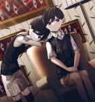  2boys armchair bangs bare_shoulders bent_over black_eyes black_hair black_shirt black_tank_top black_thighhighs black_vest bright_pupils chair closed_mouth collared_shirt commentary_request dutch_angle expressionless feet_out_of_frame grey_shorts hair_between_eyes highres lamp light_rays looking_at_viewer looking_to_the_side male_focus multiple_boys omori omori_(omori) on_chair picture_frame shirt short_hair short_sleeves shorts sitting sleeveless sleeveless_shirt socks standing sunny_(omori) tank_top thighhighs vest white_pupils white_shirt white_socks wing_collar yutsu 
