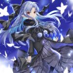  1girl black_bow black_capelet black_coat blue_hair bow capelet coat dress floating_hair fur-trimmed_capelet fur_trim grey_dress hair_bow highres kanai23831347 len_(tsukihime) long_dress long_hair long_sleeves looking_at_viewer open_mouth pleated_dress pointy_ears red_eyes solo tsukihime very_long_hair 
