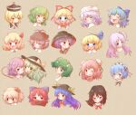  6+girls aki_shizuha alice_margatroid alice_margatroid_(pc-98) animal_ears arinu bangs bird_ears black_hair black_headwear blonde_hair blue_bow blue_eyes blue_hair blue_hairband blush bow bowl bowl_hat brown_background brown_headwear bun_cover cape cirno closed_eyes closed_mouth commentary_request crescent crescent_hat_ornament crossover fang flower fruit_hat_ornament green_eyes green_hair grin hair_between_eyes hair_bobbles hair_bow hair_ornament hair_ribbon hairband hat hat_ornament hat_ribbon highres hinanawi_tenshi houjuu_nue ibaraki_kasen kazami_yuuka kisume komeiji_koishi komeiji_satori leaf_hair_ornament letty_whiterock light_purple_hair long_hair lunasa_prismriver maid medicine_melancholy medium_hair multiple_girls mystia_lorelei one_eye_closed one_side_up open_mouth peach_hat_ornament pink_eyes pink_flower pink_hair pink_rose portrait purple_hair re:zero_kara_hajimeru_isekai_seikatsu red_bow red_cape red_eyes red_hair red_ribbon rem_(re:zero) ribbon rose rumia sekibanki shinki_(touhou) short_hair siblings simple_background sisters skin_fang smile sukuna_shinmyoumaru touhou touhou_(pc-98) two_side_up white_hair white_headwear winged_hat x_hair_ornament yellow_hairband yellow_ribbon 