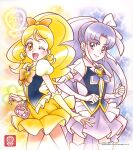  ;d bangs blonde_hair bow bowtie cure_fortune cure_honey earrings elbow_gloves four-leaf_clover_earrings gloves happinesscharge_precure! high_ponytail highres hikawa_iona jewelry long_hair magical_girl official_art one_eye_closed oomori_yuuko parted_bangs pouch precure purple_hair purple_skirt skirt smile star_(symbol) star_earrings third-party_source white_gloves yellow_eyes yellow_skirt 