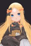  1girl abigail_williams_(fate) absurdres bangs blonde_hair bow fate/grand_order fate_(series) hair_bow highres long_hair open_mouth parted_bangs purple_background simple_background sleeves_past_wrists solo stuffed_animal stuffed_toy teddy_bear zhouqinguaishou 