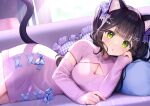  1girl :o animal_ear_fluff animal_ears bangs bell black_hair blue_bow blue_nails bow breasts cat_ears cat_girl cat_tail cleavage cleavage_cutout clothing_cutout commentary_request day detached_sleeves dress frilled_pillow frills green_eyes hair_ornament hairclip heart heart_hair_ornament heart_pillow indoors jingle_bell long_hair long_sleeves lying meme_attire mole mole_under_mouth momoshiki_tsubaki nail_polish neck_bell on_side open-chest_sweater original parted_lips pillow pink_sleeves pink_sweater plaid plaid_pillow revision sleeves_past_wrists solo sunlight sweater sweater_dress tail twintails very_long_hair window x_hair_ornament 
