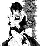  1boy apron bishounen black_dress bridal_garter crossdressing dance_with_devils dress looking_at_viewer maid maid_apron maid_headdress male_focus monochrome natsumezaka_shiki short_hair skunlv solo tongue tongue_out white_background 