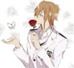  1boy blazer brown_eyes bug butterfly collared_shirt dance_with_devils facing_to_the_side flower holding holding_flower jacket light_brown_hair long_sleeves male_focus red_flower red_rose rose shirt skunlv sogami_urie solo white_background white_butterfly white_flower white_jacket white_rose white_shirt 