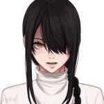  1girl artist_name bangs black_hair braid braided_ponytail chainsaw_man commentary english_commentary hair_over_one_eye highres igedd looking_at_viewer medium_hair nayuta_(chainsaw_man) ringed_eyes simple_background solo sweater white_background white_sweater yellow_eyes 