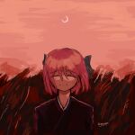  artist_name blue_ribbon closed_eyes closed_mouth crescent_moon false_smile gogopri highres japanese_clothes kimono kohaku_(tsukihime) light_smile moon red_hair red_sky ribbon sky smile tsukihime 