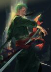  1boy artist_name bandaged_arm bandages character_name clenched_teeth commentary_request green_hair green_kimono grey_eyes highres holding holding_sword holding_weapon japanese_clothes kimono long_sleeves looking_at_viewer male_focus mouth_hold one_piece plytometo profile red_sash roronoa_zoro sash sheath short_hair sideways_glance solo standing sword teeth triple_wielding twitter_username unsheathing v-shaped_eyebrows watermark weapon 