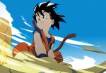  1boy black_eyes black_hair blue_sky child closed_mouth dougi dragon_ball highres kojima_takashi looking_to_the_side male_focus sitting_on_cloud sky smile solo son_goku spiked_hair staff tail weapon wristband 