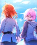  2girls ahoge belt black_belt black_skirt blue_sky chaldea_uniform closed_eyes cloud day fate/grand_order fate_(series) fujimaru_ritsuka_(female) glasses grey_sleeves hair_ornament hair_over_one_eye hair_scrunchie highres holding_hands hood hood_down hooded_jacket jacket kulissara-aung long_sleeves looking_at_another looking_to_the_side mash_kyrielight medium_hair multiple_girls orange_hair outdoors parted_lips pink_hair raglan_sleeves scrunchie side_ponytail skirt sky smile twitter_username white_jacket yellow_scrunchie yuri 