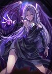  1girl armpits bangs bare_shoulders black_dress breasts commission detached_sleeves dress duel_monster feathered_wings feet_out_of_frame hand_up highres long_hair magic medium_breasts night_wing_sorceress pointy_ears purple_hair shouma_(bravespiritya) skeb_commission solo wings yu-gi-oh! 