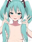  1girl :d absurdres aqua_eyes aqua_hair bangs blush breasts breasts_apart collarbone completely_nude dated doruka double_v hatsune_miku headphones highres holding holding_hair long_hair looking_at_viewer nipples nude open_mouth simple_background small_breasts smile solo twintails upper_body v vocaloid white_background 