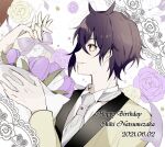  1boy 2021 black_vest character_name dance_with_devils dated facing_to_the_side gloves happy_birthday highres long_sleeves male_focus natsumezaka_shiki purple_hair red_eyes shirt short_hair skunlv smile solo teeth vest white_background white_gloves white_shirt 