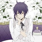  1boy brown_eyes collared_shirt couch dance_with_devils flower formal frown head_rest long_sleeves looking_at_viewer male_focus natsumezaka_shiki on_couch purple_hair shirt short_hair sitting skunlv solo teeth white_background white_flower white_shirt 