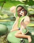  1girl :d absurdres animal_hood barefoot blue_eyes blue_shorts blush child crumbles eyelashes feet freckles frog full_body green_hoodie green_shirt highres hood hood_up hoodie indie_virtual_youtuber legs lily_hopkins lily_pad looking_at_viewer open_mouth rock shirt shorts sitting sitting_on_object sleeves_past_fingers sleeves_past_wrists smile striped striped_shirt toenails toes tongue virtual_youtuber water 