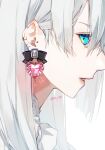  1girl aqua_eyes bangs ear_piercing earrings from_side heart heart_earrings highres jewelry lips long_hair looking_at_viewer looking_to_the_side original parted_lips piercing portrait profile sideways_glance simple_background solo twitter_username white_background white_hair yagi_(shiro_yagi) 