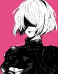  1girl black_blindfold blindfold clothing_cutout greyscale_with_colored_background hairband highres mole mole_under_mouth nier_(series) nier_automata nishiii26miii pink_background short_hair simple_background solo white_hair yorha_no._2_type_b 