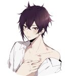  1boy blush collared_shirt dance_with_devils hickey looking_at_viewer male_focus natsumezaka_shiki purple_hair red_eyes shirt shirt_partially_removed short_hair skunlv solo white_background white_shirt 