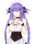  1girl alternate_costume apron bare_shoulders blue_eyes blush braid breasts choker enmaided highres large_breasts long_hair looking_at_viewer maid maid_apron maid_headdress neptune_(series) power_symbol purple_hair purple_heart sidelocks simple_background smile solo symbol-shaped_pupils twin_braids white_background wrist_cuffs zatsu 