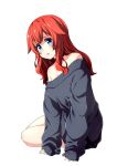  1girl bangs black_sweater blue_eyes choker commentary_request highres kouji_(campus_life) long_hair long_sleeves looking_at_viewer off-shoulder_sweater off_shoulder open_mouth original red_hair sitting sleeves_past_wrists smile solo sweater upper_body white_background 