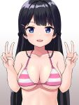  1girl :d bangs bare_arms bare_shoulders bikini black_hair blue_eyes blush braid breasts collarbone commentary_request commission double_v gradient_background grey_background hair_ornament hairclip hands_up highres long_hair looking_at_viewer medium_breasts nijisanji pixiv_commission revision smile solo striped striped_bikini swimsuit tsukino_mito tsunaso_(lack_of_sunlight) upper_body v very_long_hair virtual_youtuber white_background 