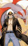  1boy belt black_coat black_eyes blue_pants closed_mouth coat commentary_request drake_(pokemon) facial_hair grey_hair hands_in_pockets hat highres looking_at_viewer male_focus mustache navel no_shirt open_clothes open_coat oyasuminjyutsu pants peaked_cap pectorals poke_ball_print pokemon pokemon_(creature) pokemon_(game) pokemon_rse salamence short_hair torn_clothes torn_coat trench_coat white_headwear 